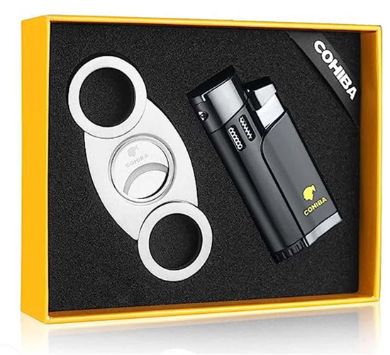 Black Cohiba Four-Flame Jet Lighter, Retractable Cigar Punch & Metal Cigar Cutter Set